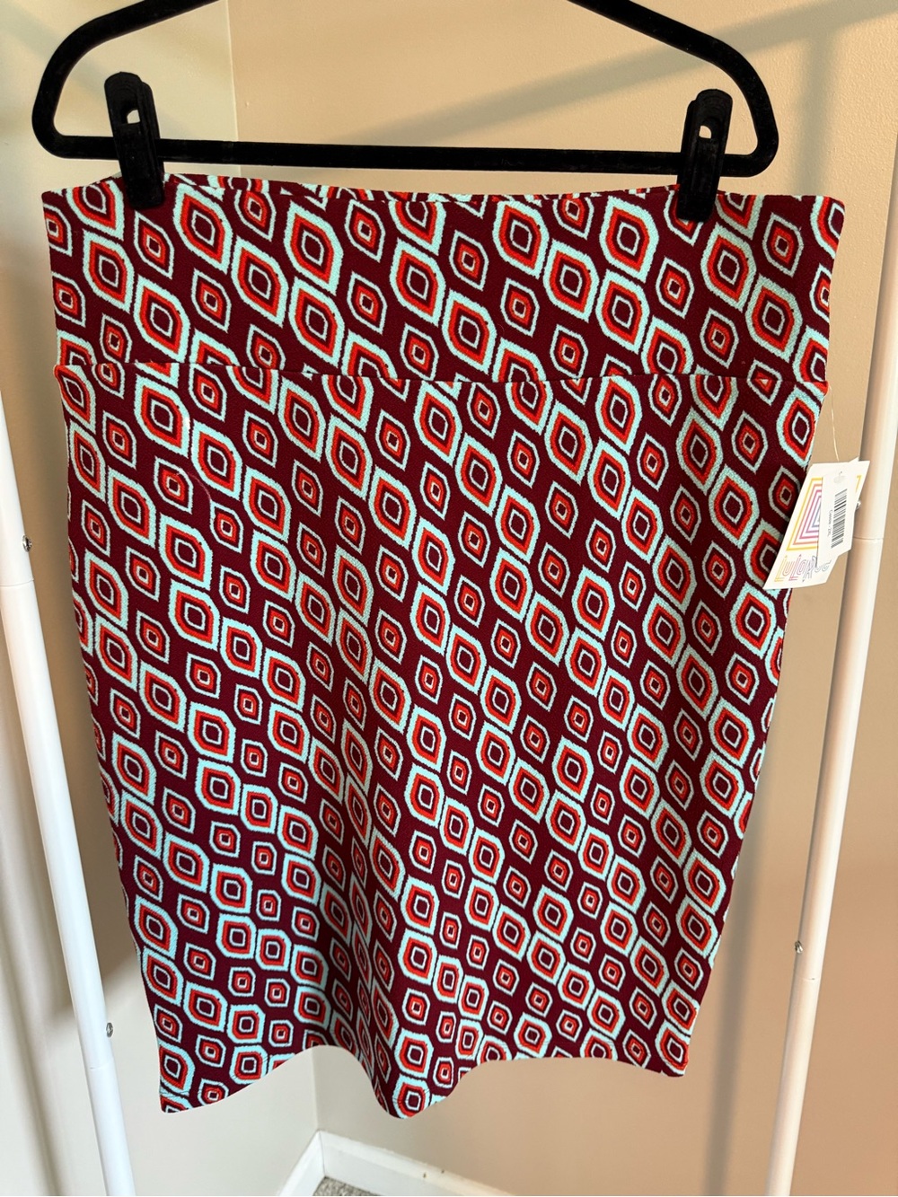LuLaRoe Burgundy with Turquoise & Orange Geometric Skirt